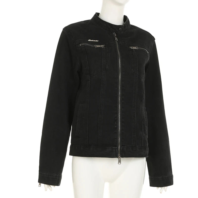 Rockmore Women's Double Zipper Denim Jackets™ Harajuku Cargo Style Casual Vintage Long Sleeve Jacket