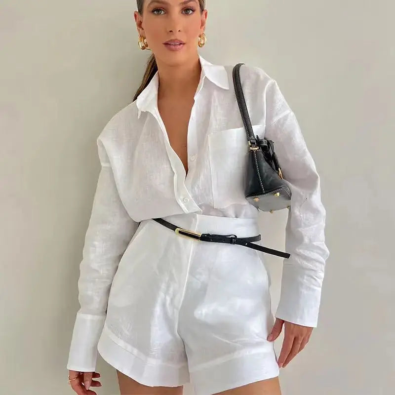 Women's Summer 2 Piece Sets™ Long Sleeve Simple Button Pockets Shirt and Shorts Outfits