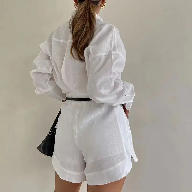 Women's Summer 2 Piece Sets™ Long Sleeve Simple Button Pockets Shirt and Shorts Outfits