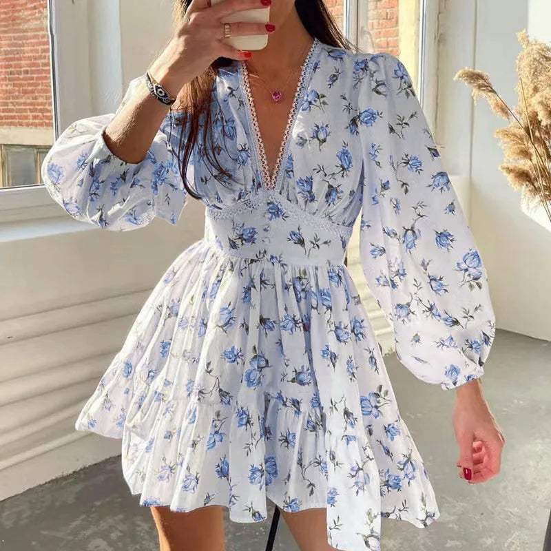 Women's Floral Print Mini Dress™ High Waist A-Line Long Sleeve V Neck Dresses