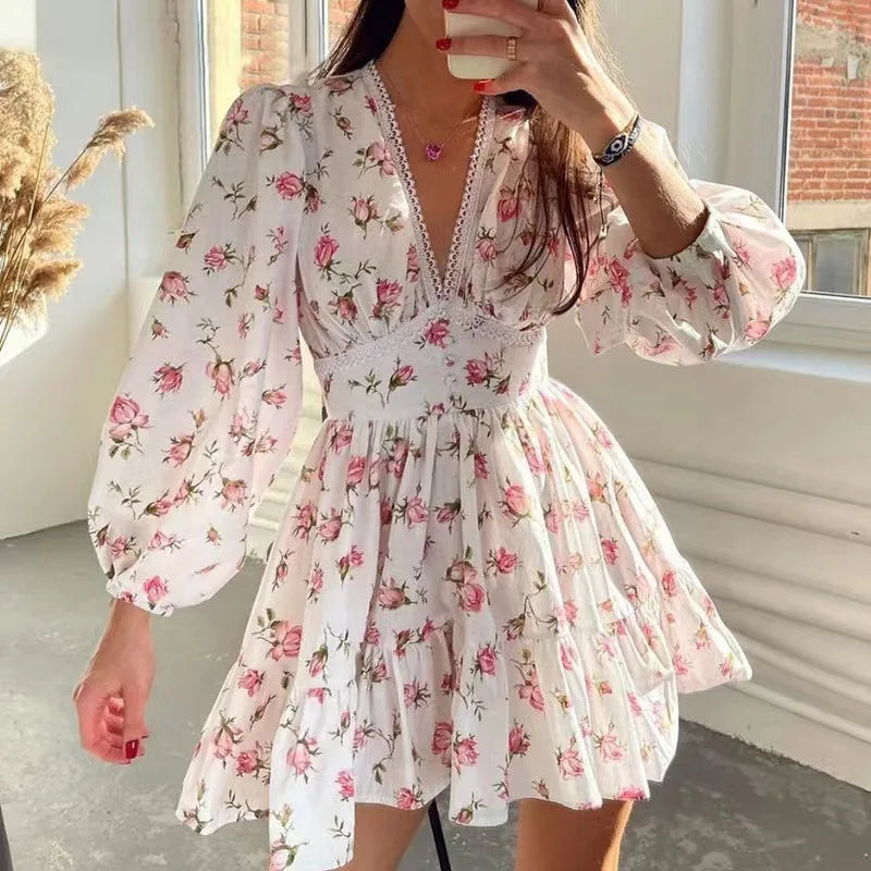 Women's Floral Print Mini Dress™ High Waist A-Line Long Sleeve V Neck Dresses