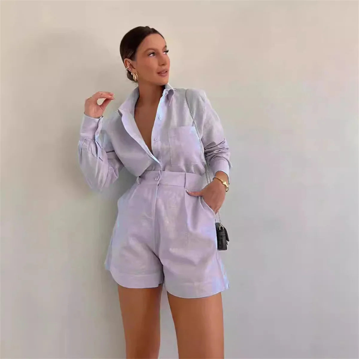 Women's Summer 2 Piece Sets™ Long Sleeve Simple Button Pockets Shirt and Shorts Outfits