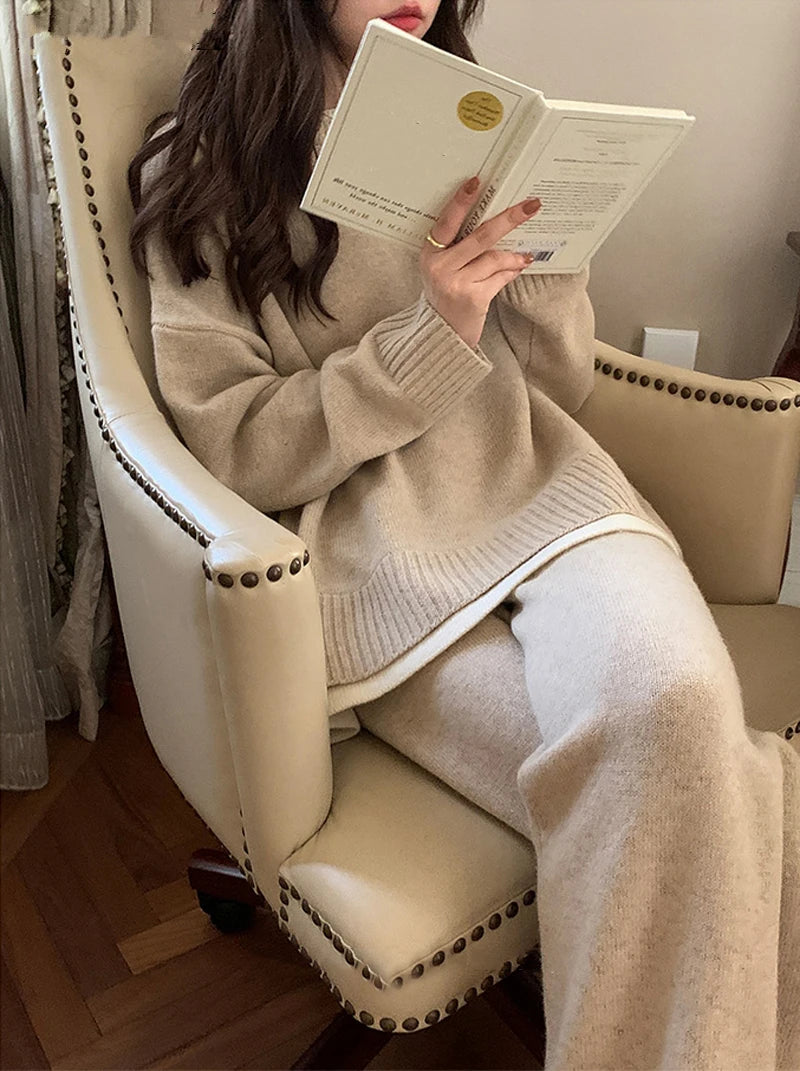 REALEFT Women's Knitted Tracksuit™ Patchwork O-Neck Sweater and Loose Wide Leg Pants Suits