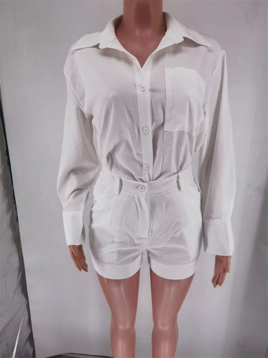 Women's Summer 2 Piece Sets™ Long Sleeve Simple Button Pockets Shirt and Shorts Outfits