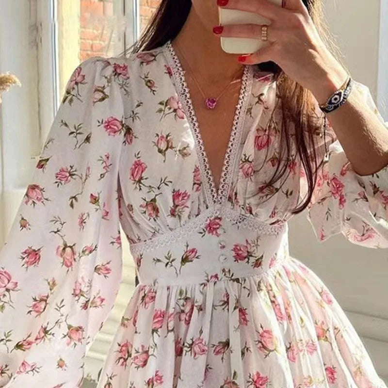 Women's Floral Print Mini Dress™ High Waist A-Line Long Sleeve V Neck Dresses