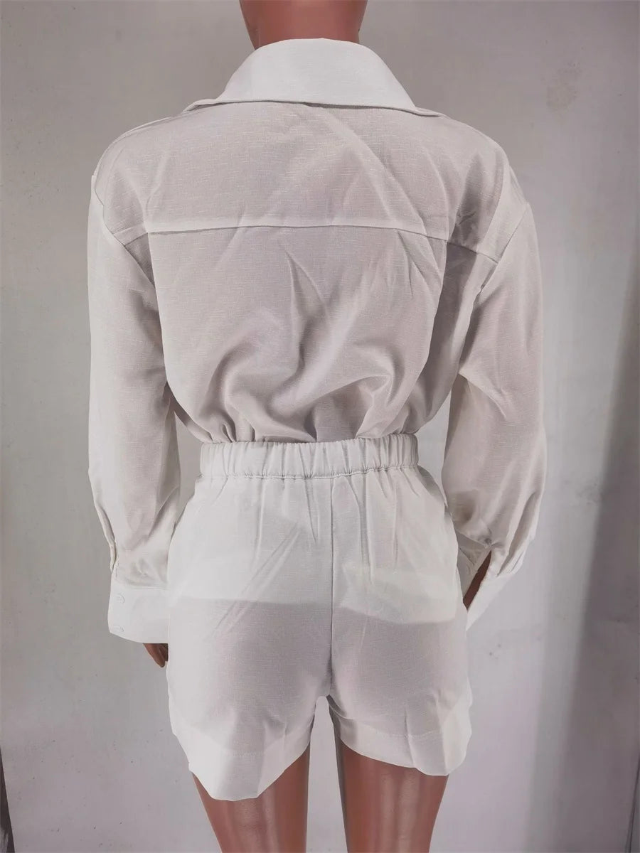 Women's Summer 2 Piece Sets™ Long Sleeve Simple Button Pockets Shirt and Shorts Outfits
