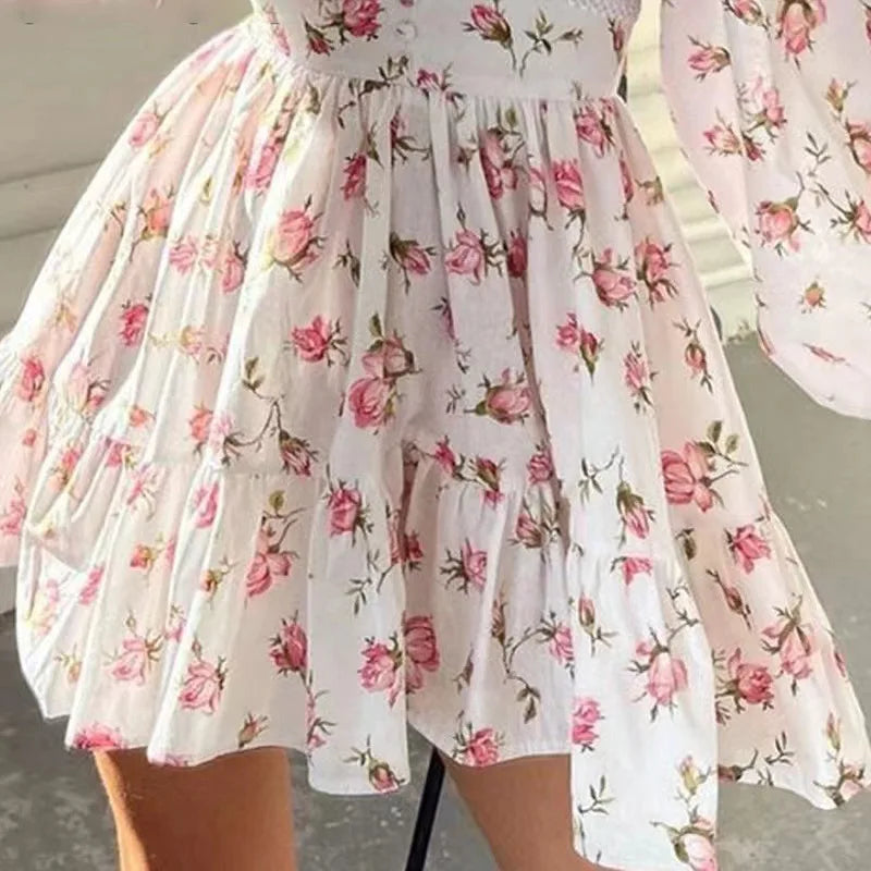 Women's Floral Print Mini Dress™ High Waist A-Line Long Sleeve V Neck Dresses