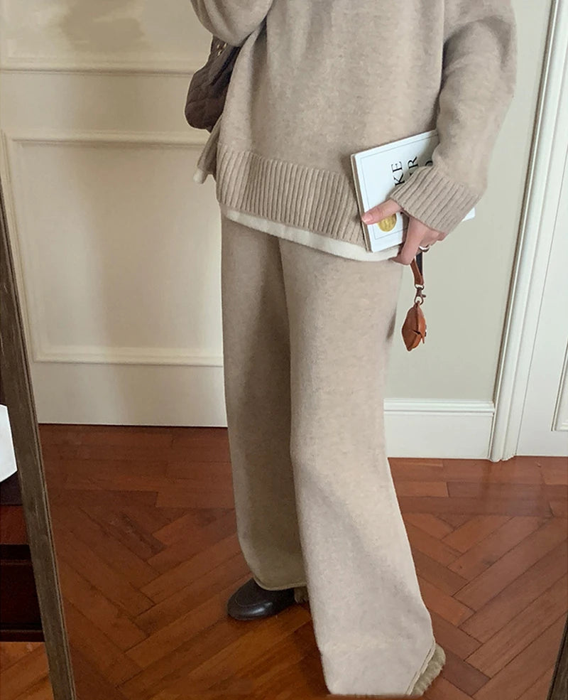 REALEFT Women's Knitted Tracksuit™ Patchwork O-Neck Sweater and Loose Wide Leg Pants Suits