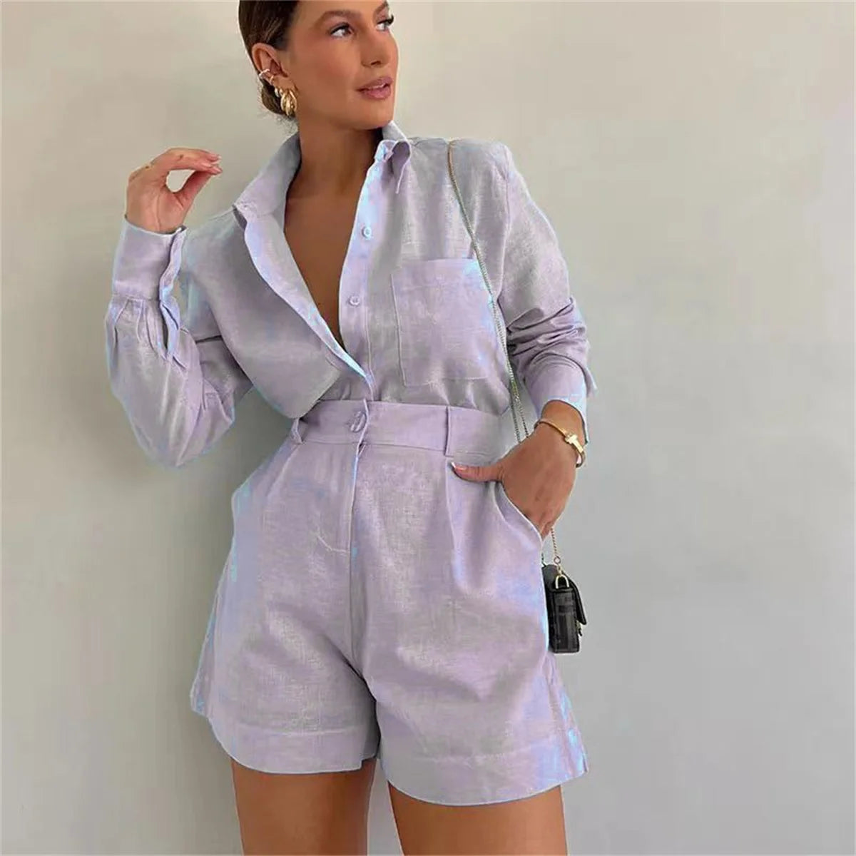 Women's Summer 2 Piece Sets™ Long Sleeve Simple Button Pockets Shirt and Shorts Outfits