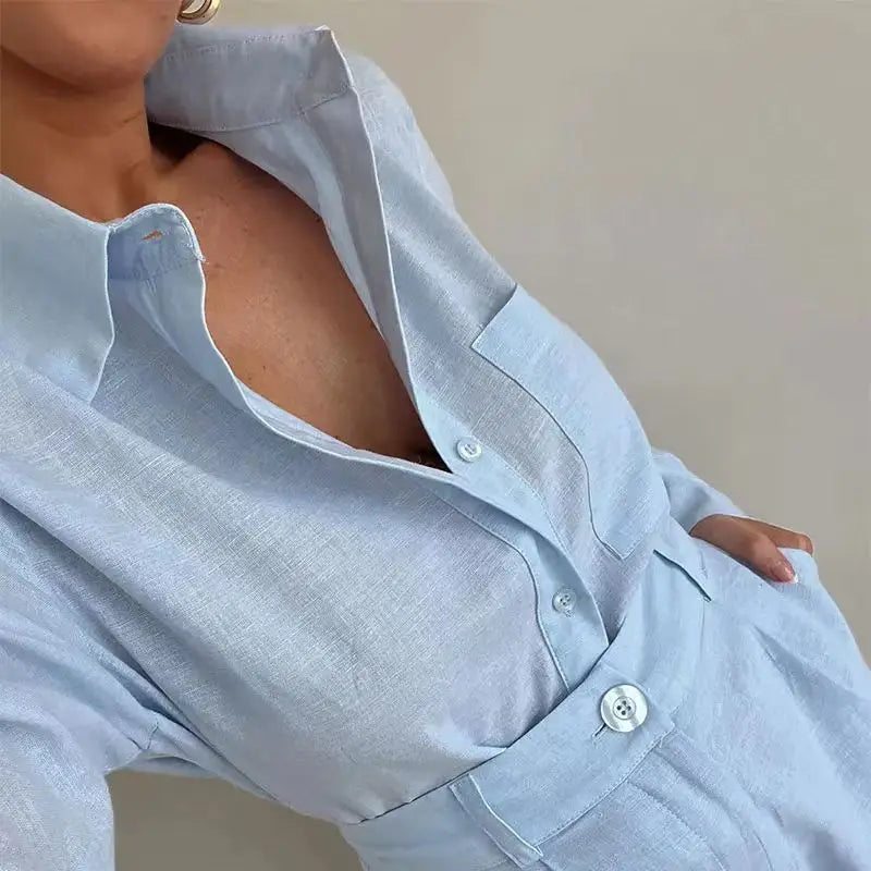Women's Summer 2 Piece Sets™ Long Sleeve Simple Button Pockets Shirt and Shorts Outfits