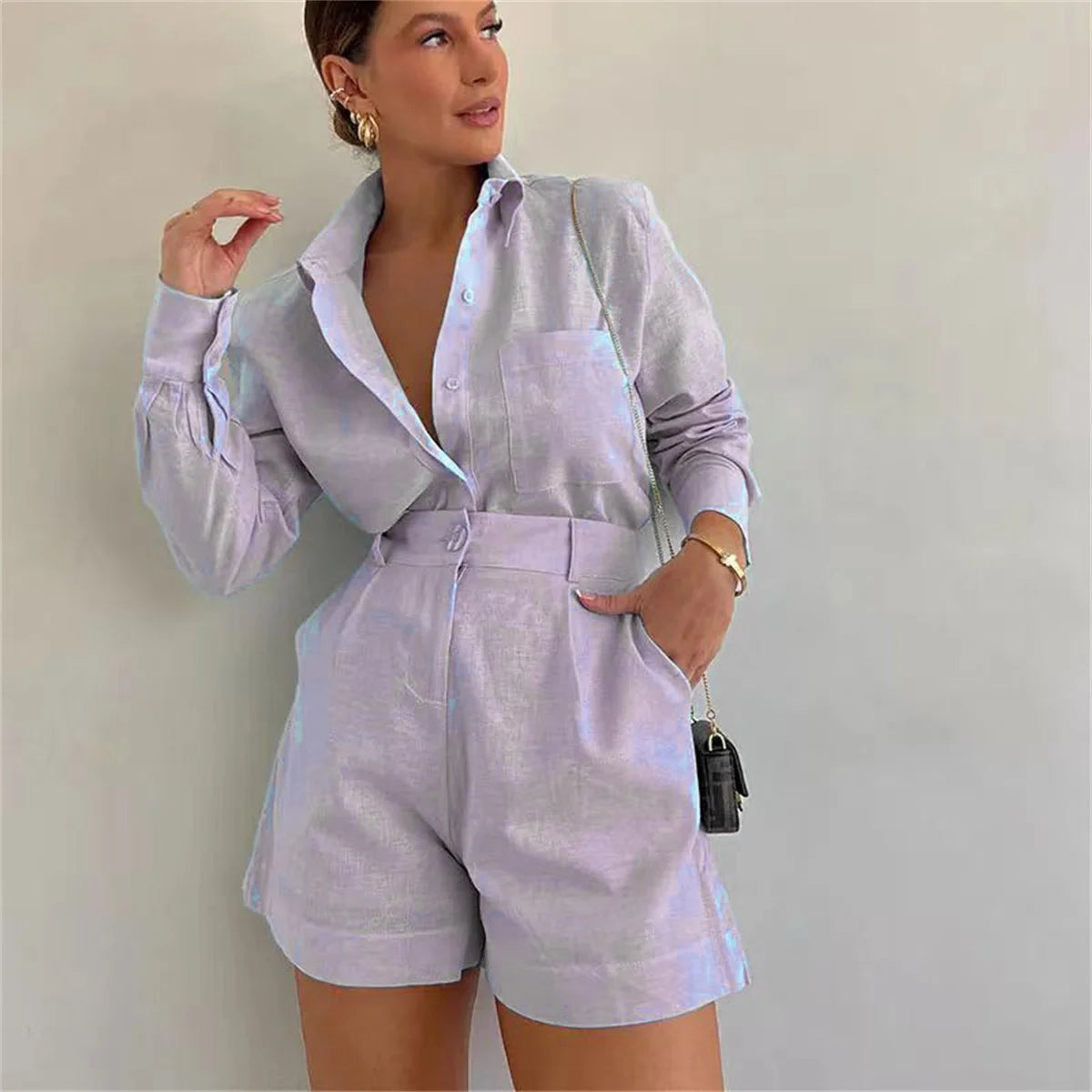Women's Summer 2 Piece Sets™ Long Sleeve Simple Button Pockets Shirt and Shorts Outfits