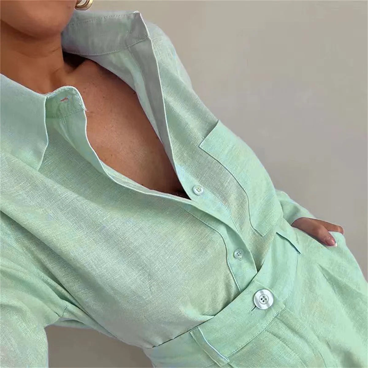 Women's Summer 2 Piece Sets™ Long Sleeve Simple Button Pockets Shirt and Shorts Outfits