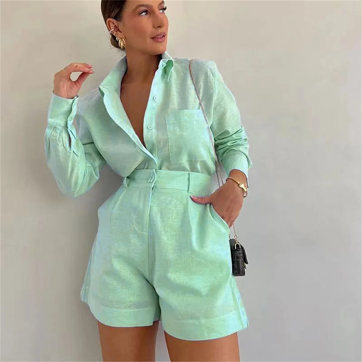 Women's Summer 2 Piece Sets™ Long Sleeve Simple Button Pockets Shirt and Shorts Outfits