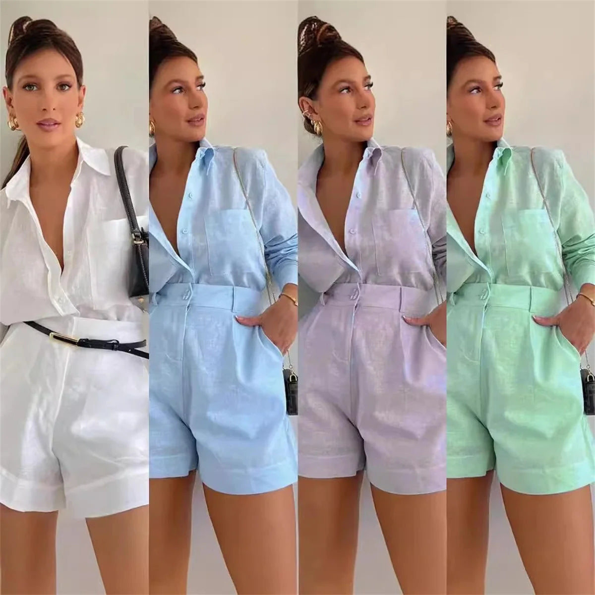 Women's Summer 2 Piece Sets™ Long Sleeve Simple Button Pockets Shirt and Shorts Outfits