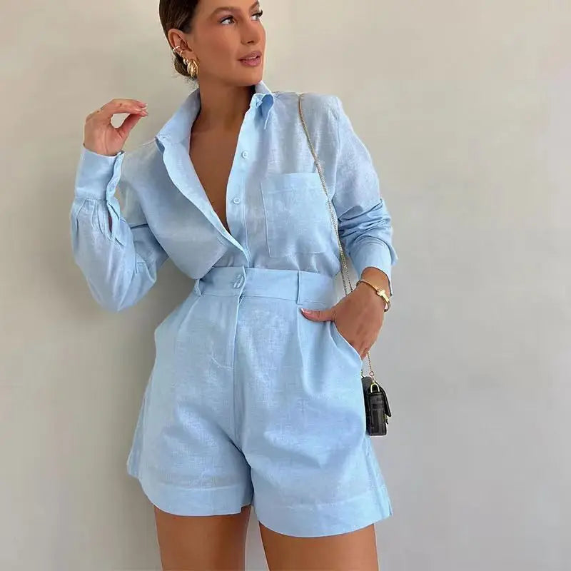 Women's Summer 2 Piece Sets™ Long Sleeve Simple Button Pockets Shirt and Shorts Outfits