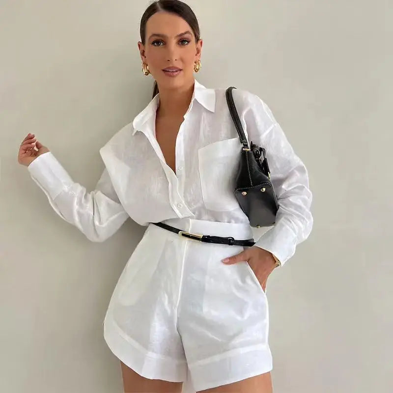 Women's Summer 2 Piece Sets™ Long Sleeve Simple Button Pockets Shirt and Shorts Outfits