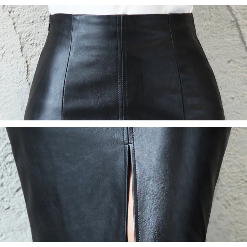 Women's PU Leather Midi Skirt™ Hip Front or Back Slit Pencil Skirt