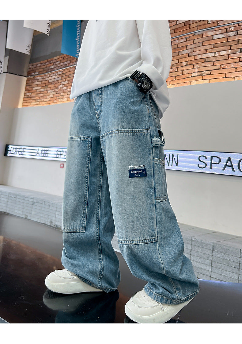 Boys Cargo Jeans™ Teenage Wide Leg Denim Loose Pockets Pants