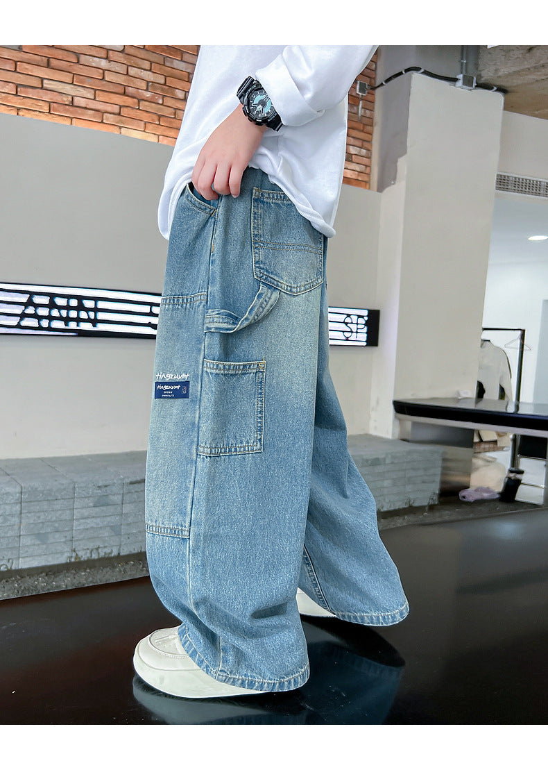 Boys Cargo Jeans™ Teenage Wide Leg Denim Loose Pockets Pants