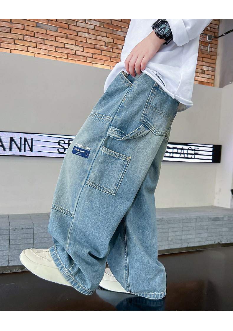 Boys Cargo Jeans™ Teenage Wide Leg Denim Loose Pockets Pants