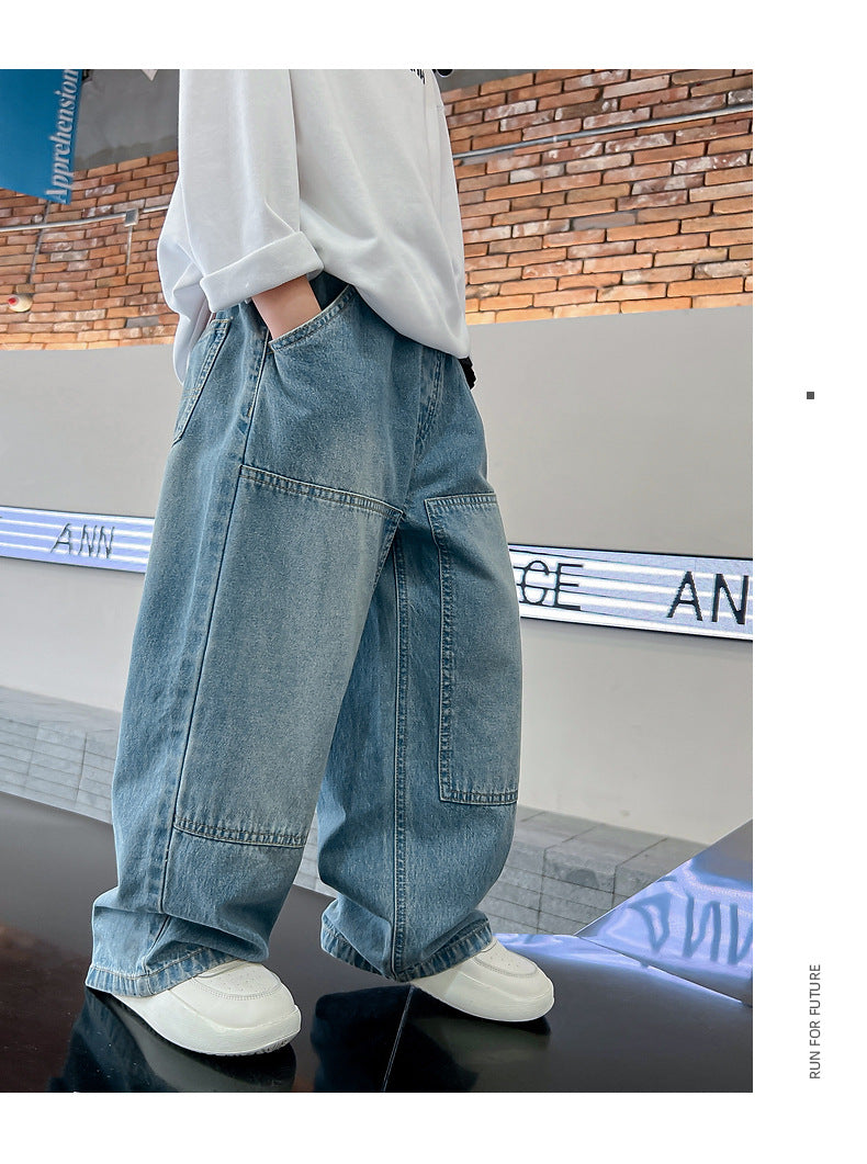 Boys Cargo Jeans™ Teenage Wide Leg Denim Loose Pockets Pants