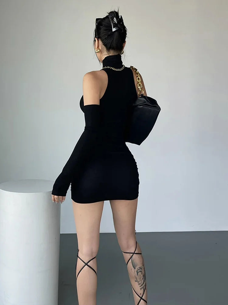Women's High Neck Mini Dress™ Over-sleeve Pleated Bodycon Tank Hip Wrap Dresses