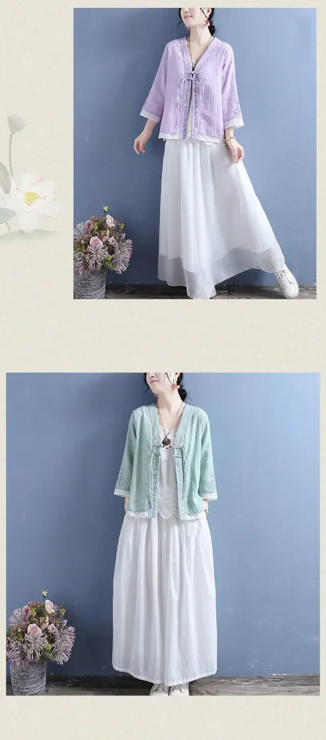 Women's V-neck Cotton Cable Knit T-shirt™ Double Button Seven Half Sleeve Vintage Cardigan