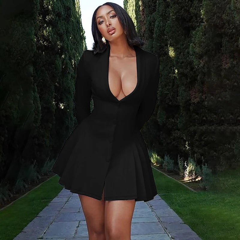 Women's Elegant Dress™ Single-breasted Pleated Mini Dress Fashion Deep V-neck Long Sleeved A-line Dresses