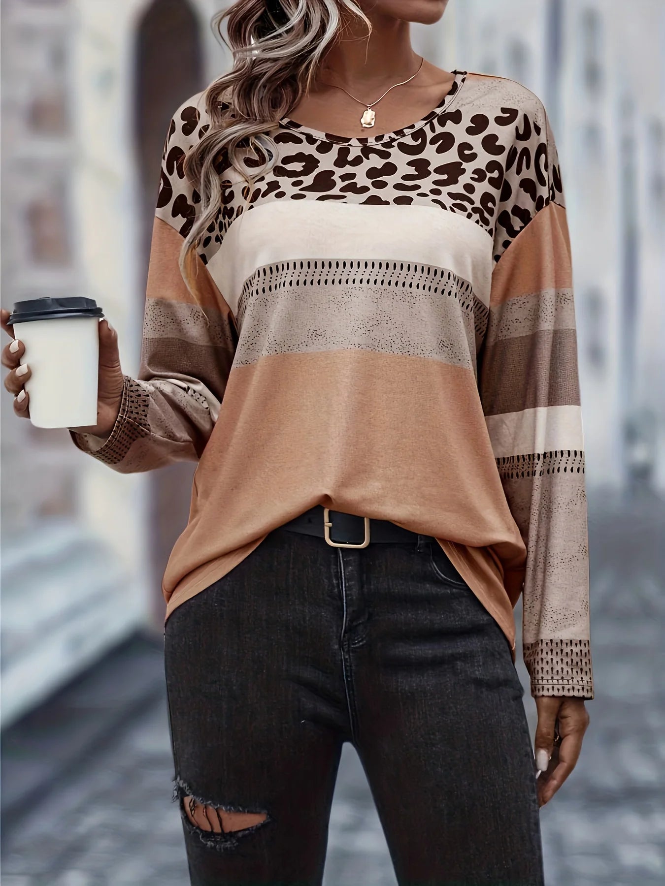 Women's Color block Leopard T-shirt™ Long Sleeve Round Neck Slight Stretch Plus Size