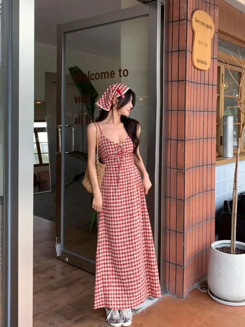 Women's Red Plaid Strapless Slim Fit Summer Dress™ French Style Backless Long Dress