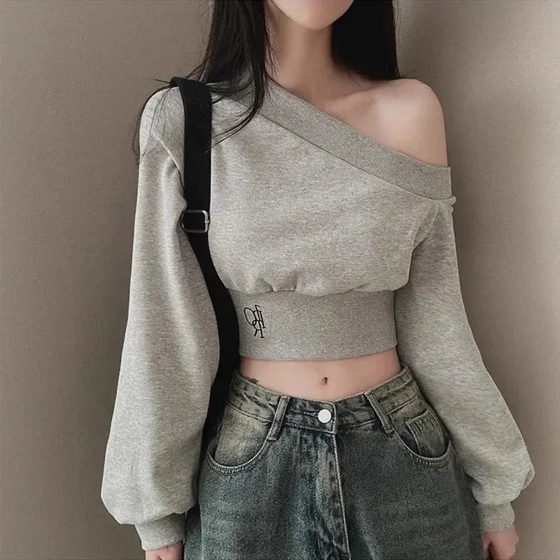 Women's Off-the-shoulder Sweatshirt™ Cropped Top Embroidery Loose-fit Windy Sweatshirt