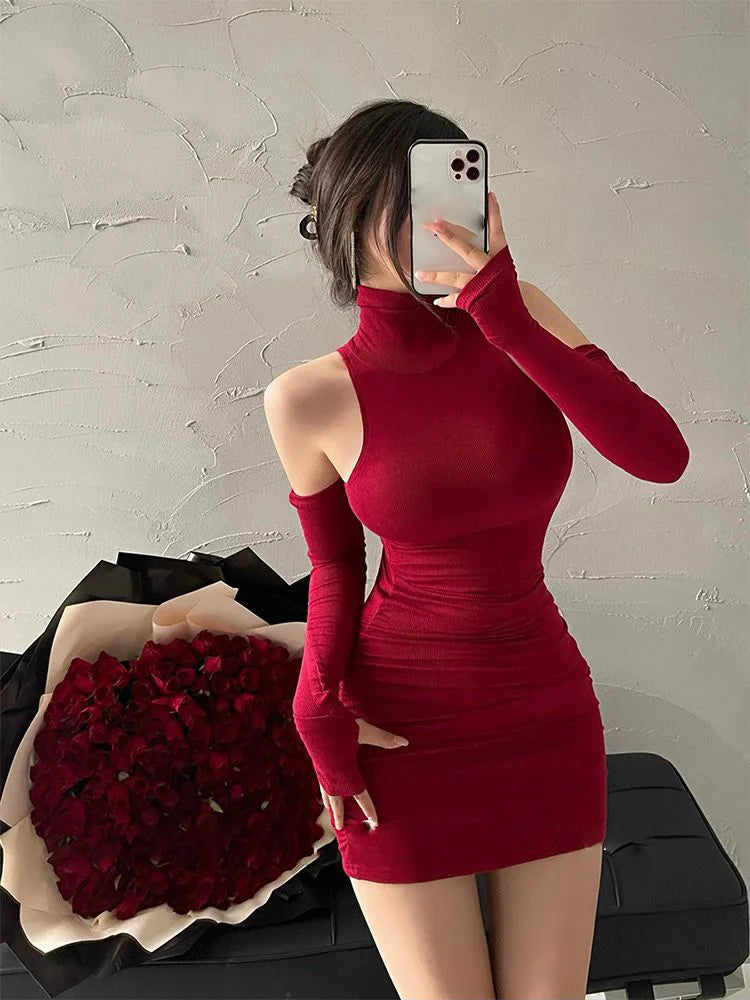 Women's High Neck Mini Dress™ Over-sleeve Pleated Bodycon Tank Hip Wrap Dresses