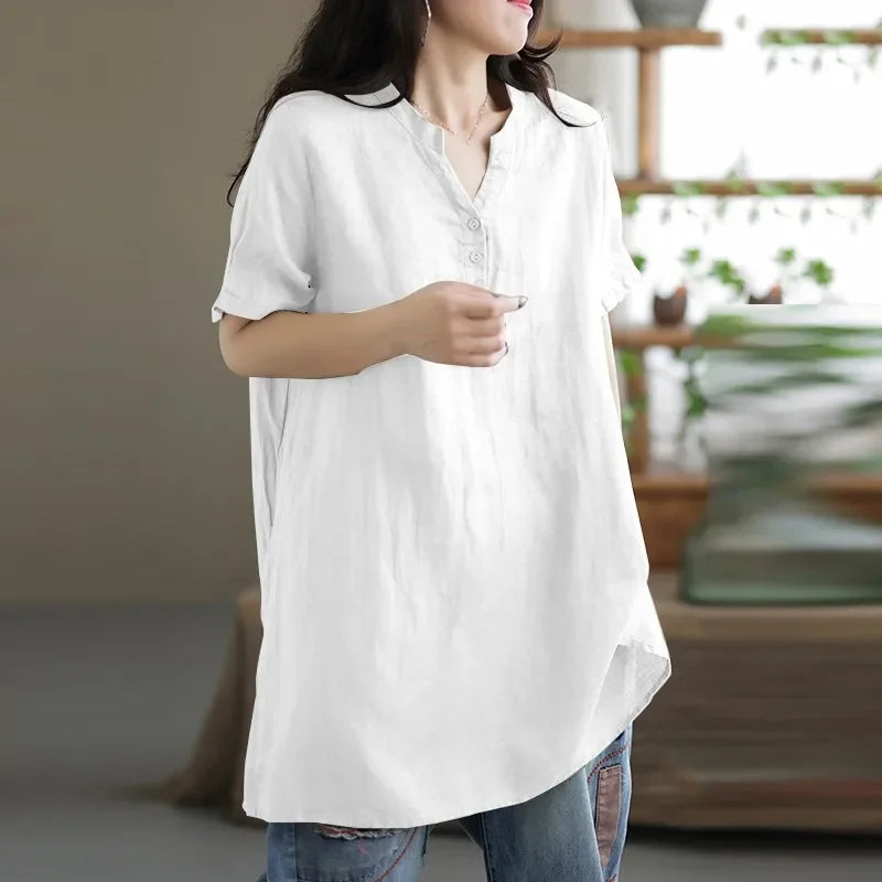 Women's Cotton and Hemp Shirt™ Commuting Style Casual Half Open Short Sleeve Shirt