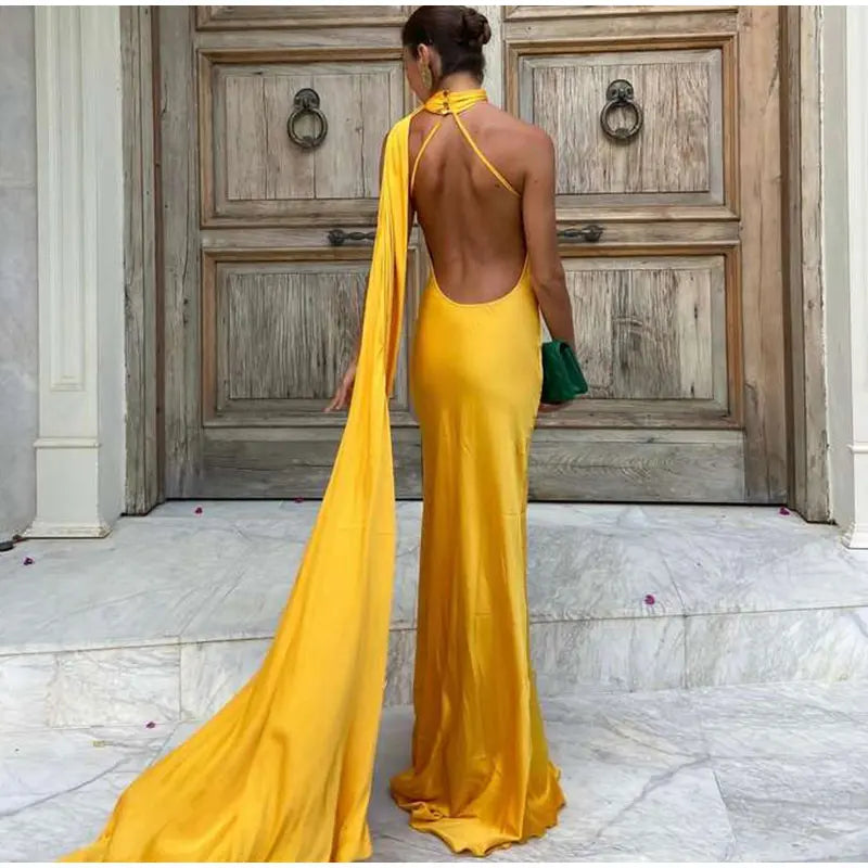 Women's Solid Ribbon Halter Dress™ Off Shoulder Sleeveless Backless Slim Maxi Dresses
