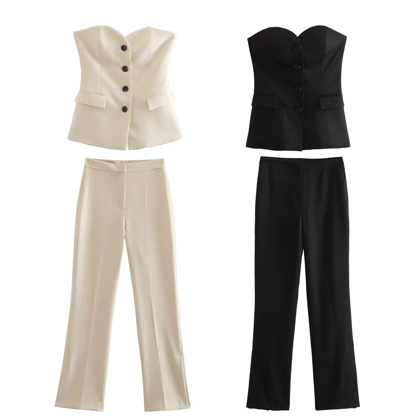 Women's TRAFZA Summer Suit™ Front Button Strapless Tank Tops + Side Slit Trouser Sets