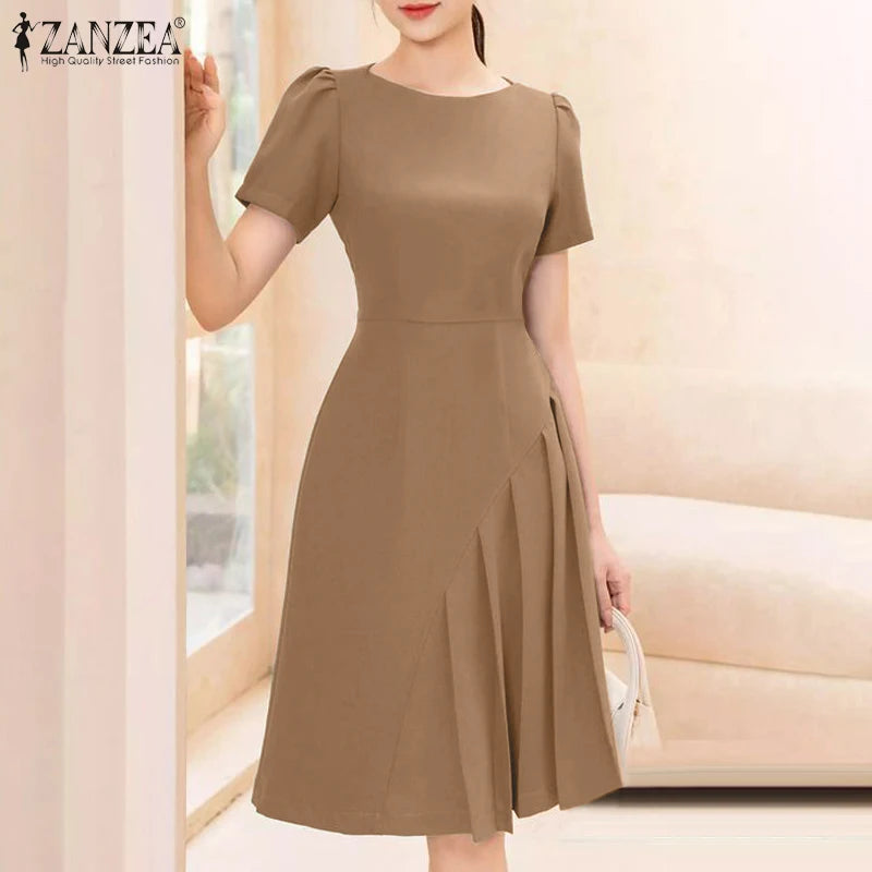 Women's ZANZEA Summer Elegant OL Work Dress™ Short Sleeve A Line Solid Pleated Dresses