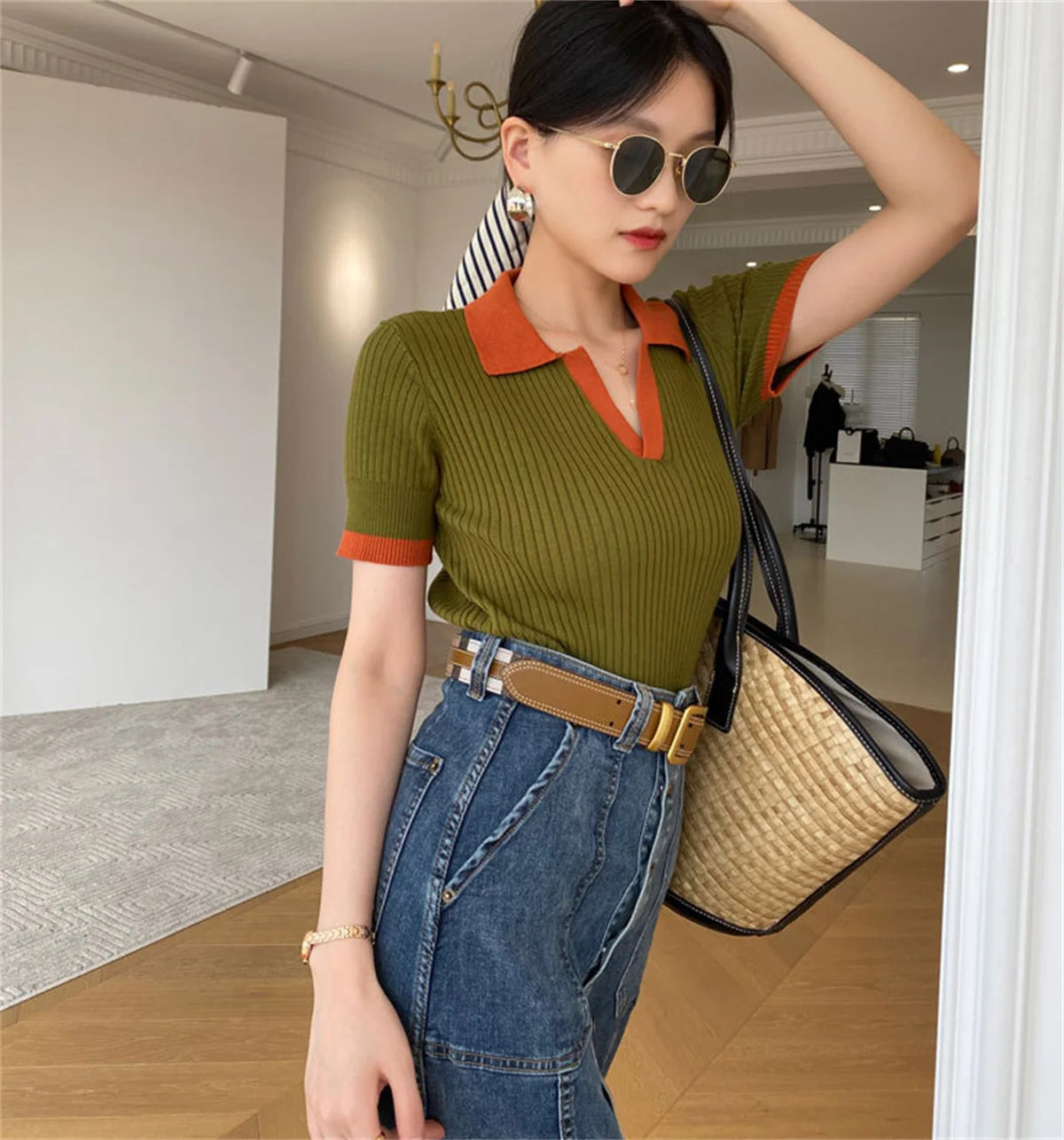 Women's V Neck Knitted Tops™ Short Sleeve Slim Casual Vintage T-shirt