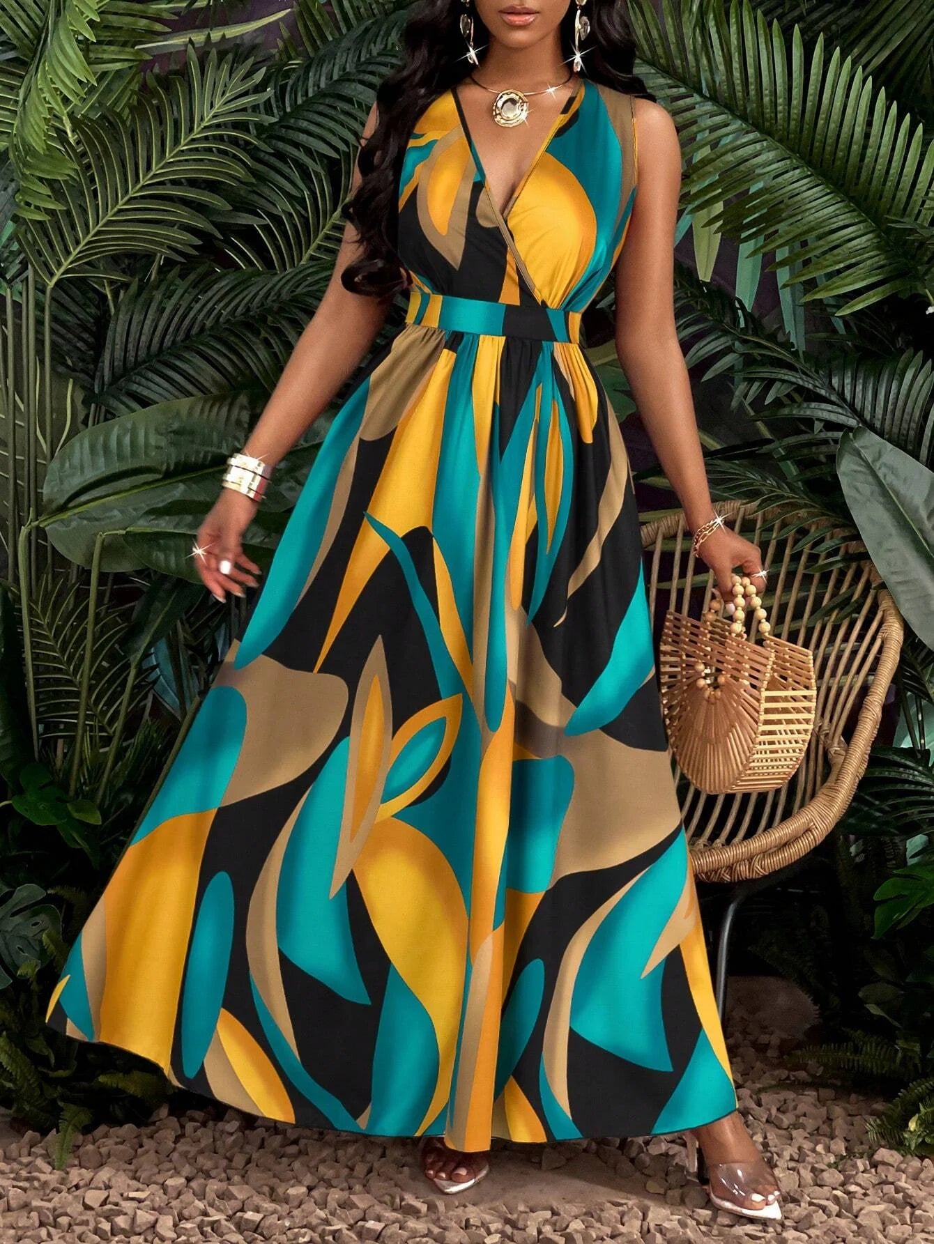 Women's Print V-Neck Long Dress™ Knit Fit And Flare Maxi Dress