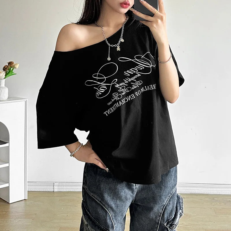 Women's Summer T-Shirt™ Letter Print Graphic Oversized One Shoulder Tops