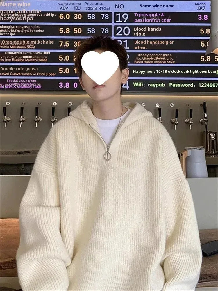 Men's Knitted Sweater™ Casual V-neck Half-zip Loose Hooded Sweater