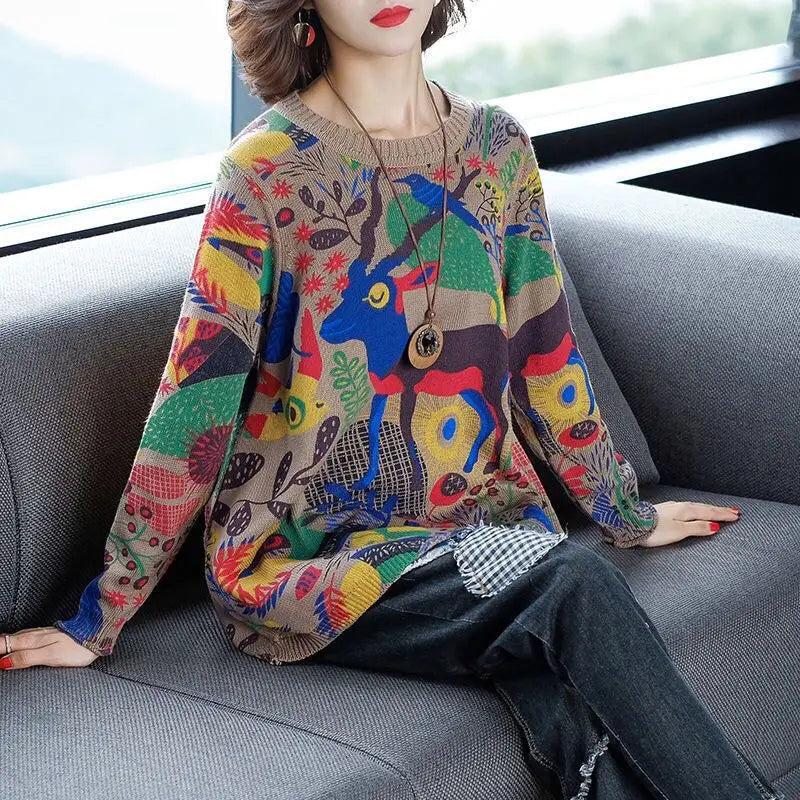 Women's O-Neck Abstract Printed Jumpers™ Loose Patchwork Vintage Long Sleeve Knitted Sweaters