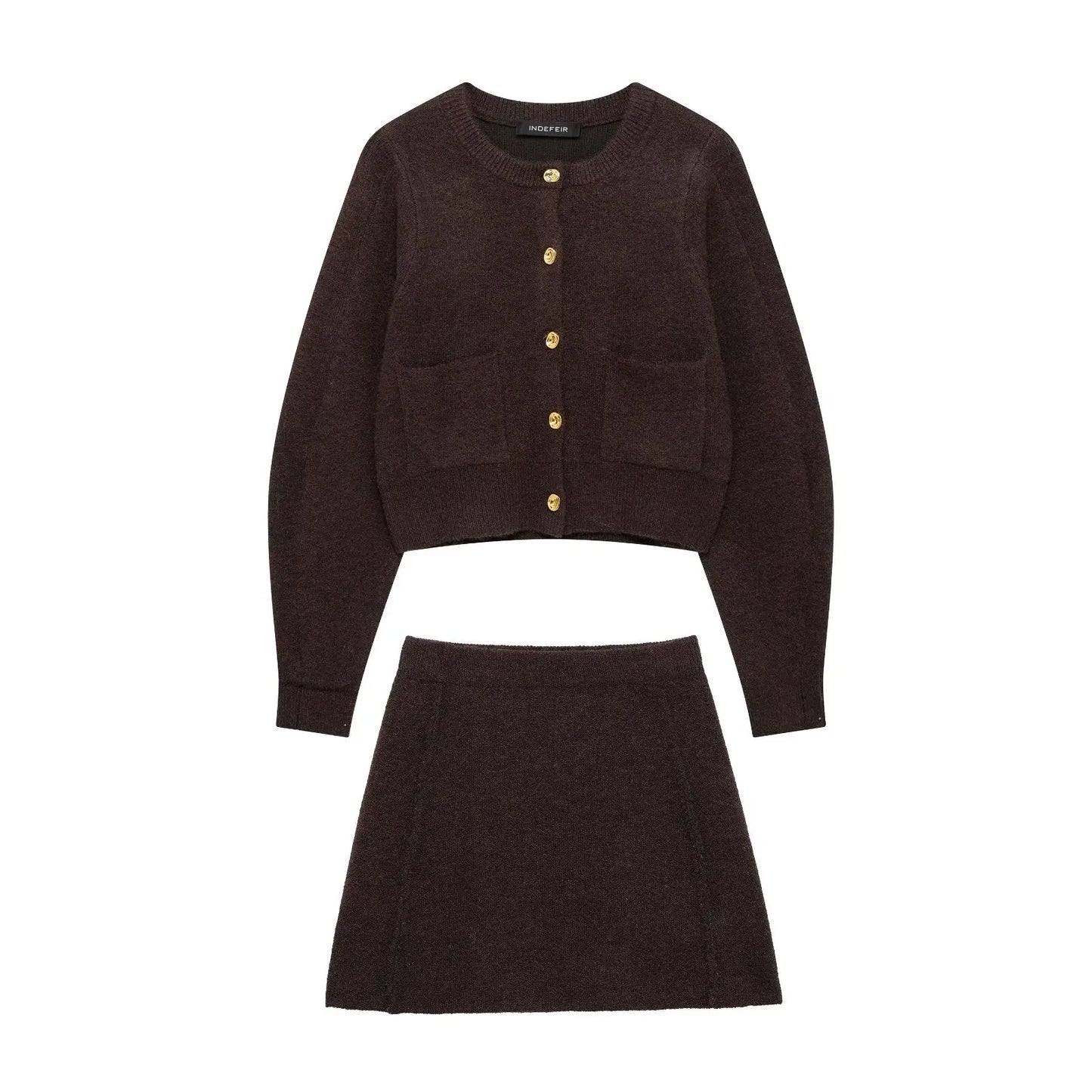 TRAFZA Women's Knitted Brown Suit™ Buttons Pocket Cardigan Sweater and Elastic Waist Slim Mini Skirt