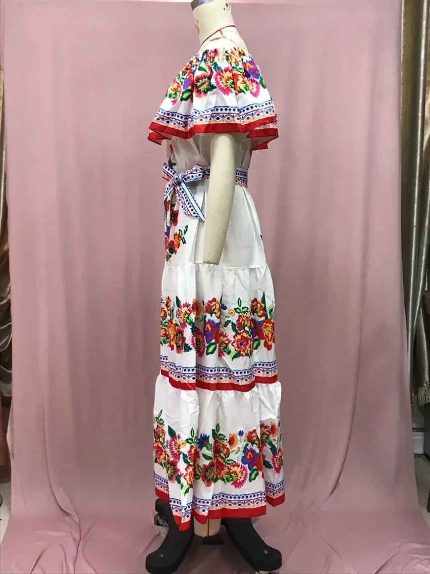 Women's Spring Summer Dresses™ Stand Off-shoulder Red Flower Printing Long Oversized Wide Hemline Sleeveless Dress