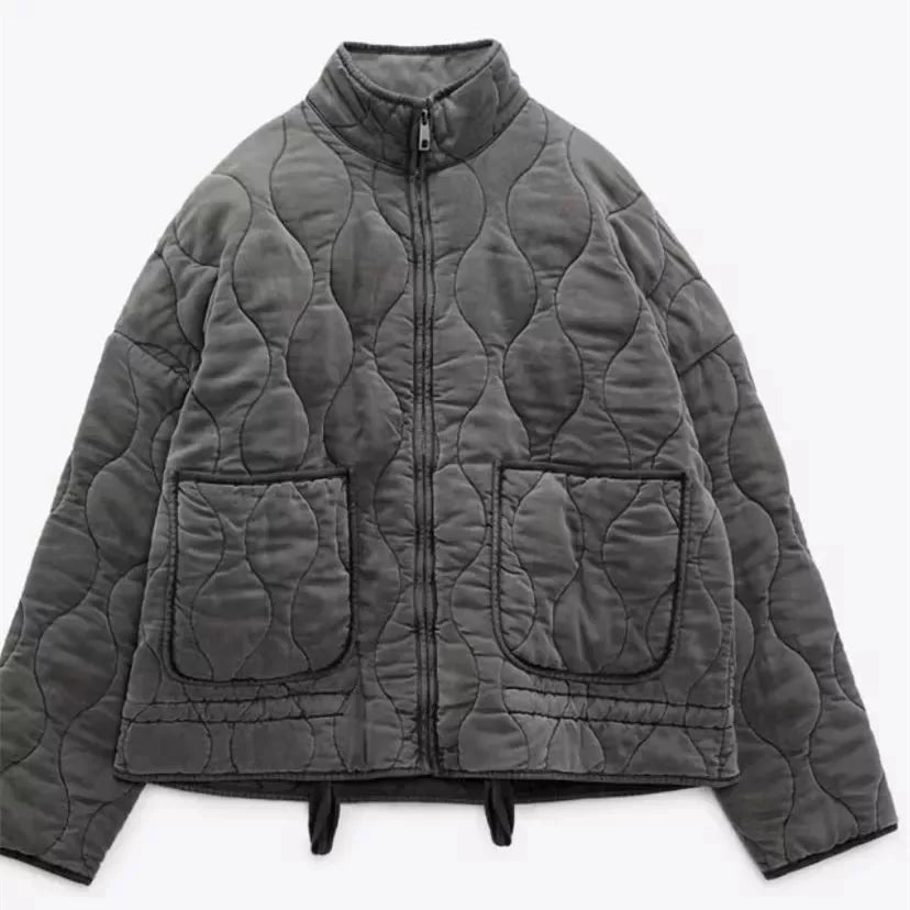 ZW Women's Cotton Jacket™ Traf New Arrival Vintage Lensing Rayon High Collar Large Pocket Quilted Coat