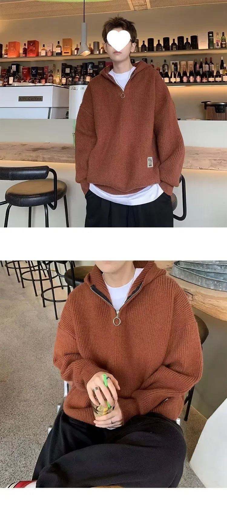 Men's Knitted Sweater™ Casual V-neck Half-zip Loose Hooded Sweater