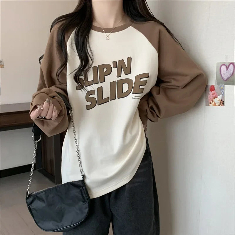 Women's Letter Printed T-Shirt™ Autumn Winter Thickened Frosted Color Block Shoulder Sleeve Lazy Loose Large Version Round Neck T-Shirt