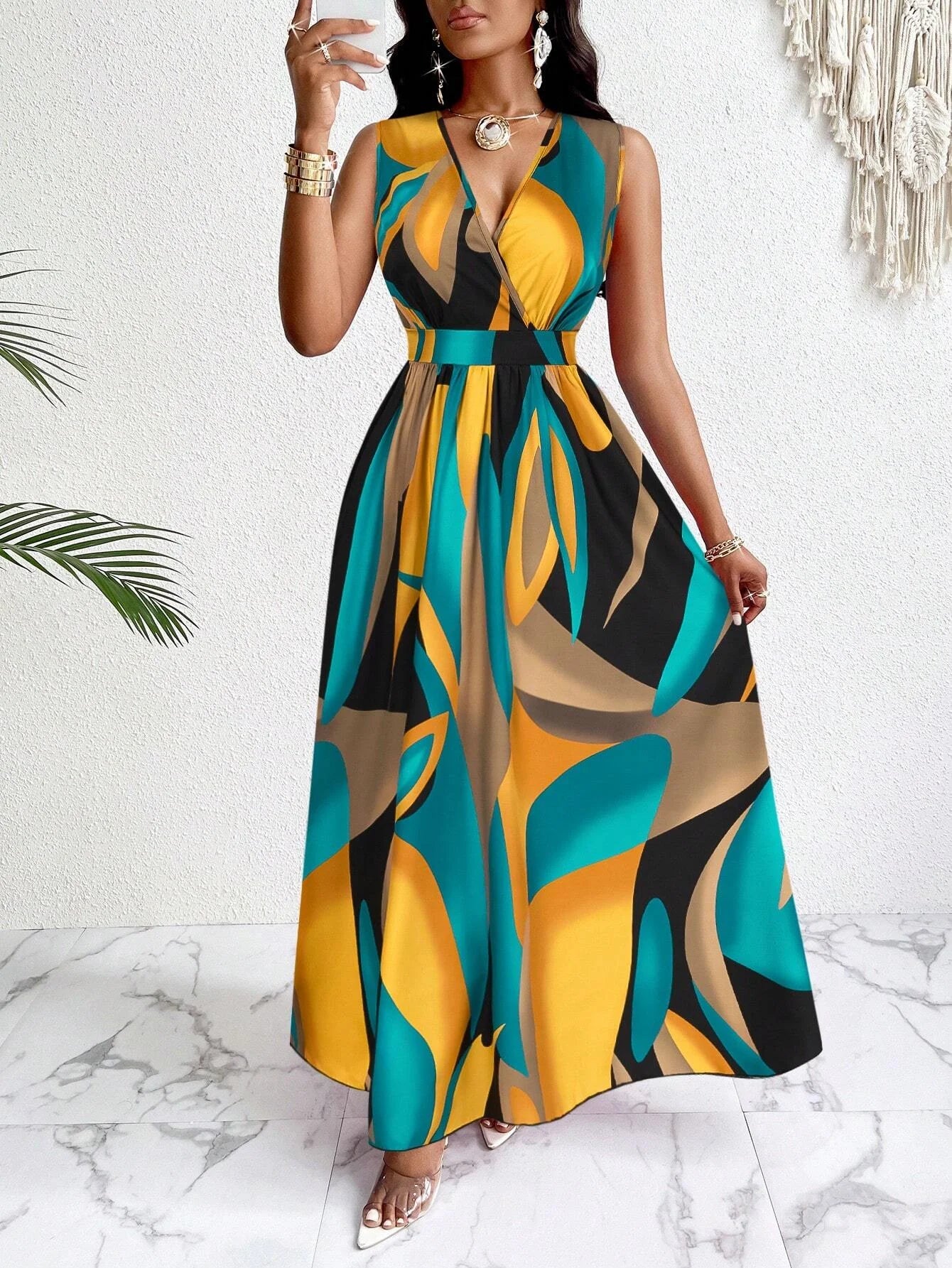 Women's Print V-Neck Long Dress™ Knit Fit And Flare Maxi Dress