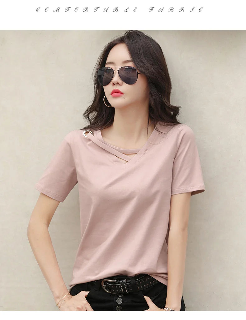 Women Short Sleeve Heart-neck T-shirt™ Half-sleeve Loose Tops