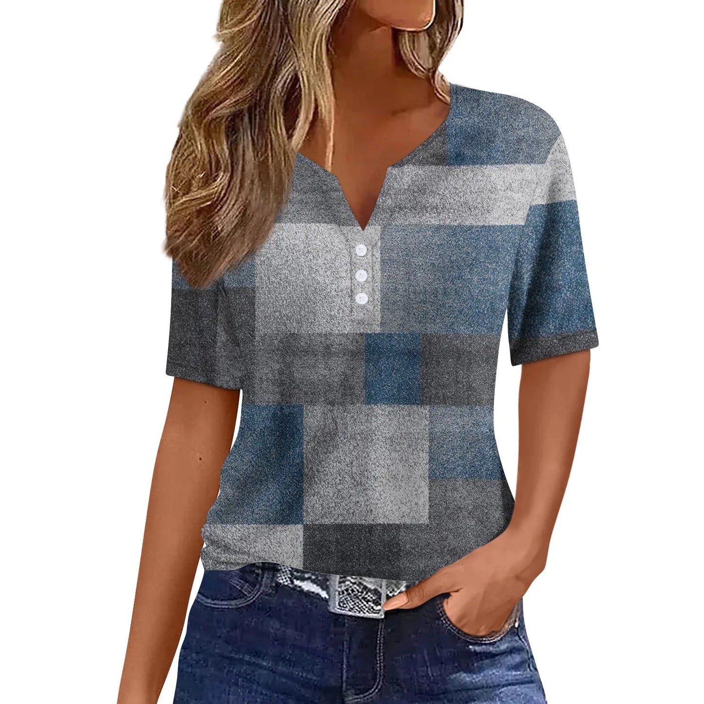 Women's Summer Patchwork T-Shirts™ Short Sleeve Loose Ladies V-Neck Tops