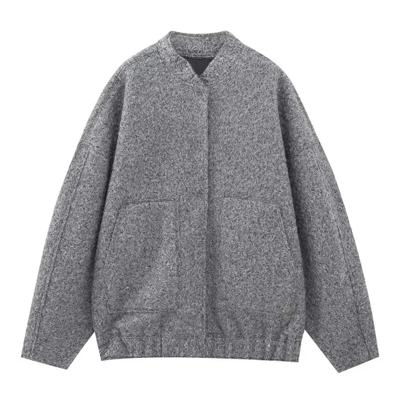 Woman's Oversized Bomber Jacket™ ZABZA Autumn Round Neck Long Sleeve Hidden Button Loose Jackets